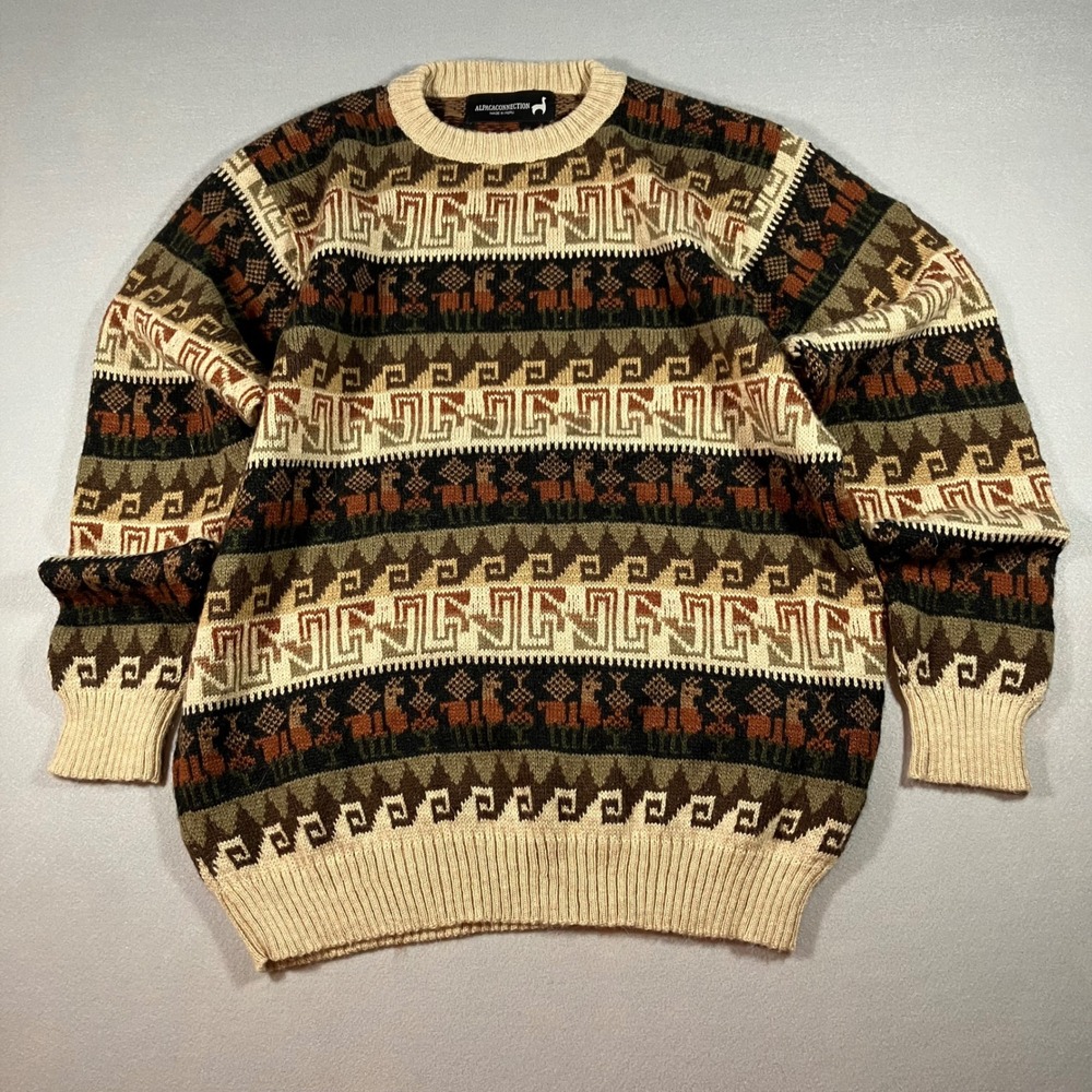 Vtg Alpaca Connection Mens L Llama Geometric Aztec Intarsia Knit Sweater Brown